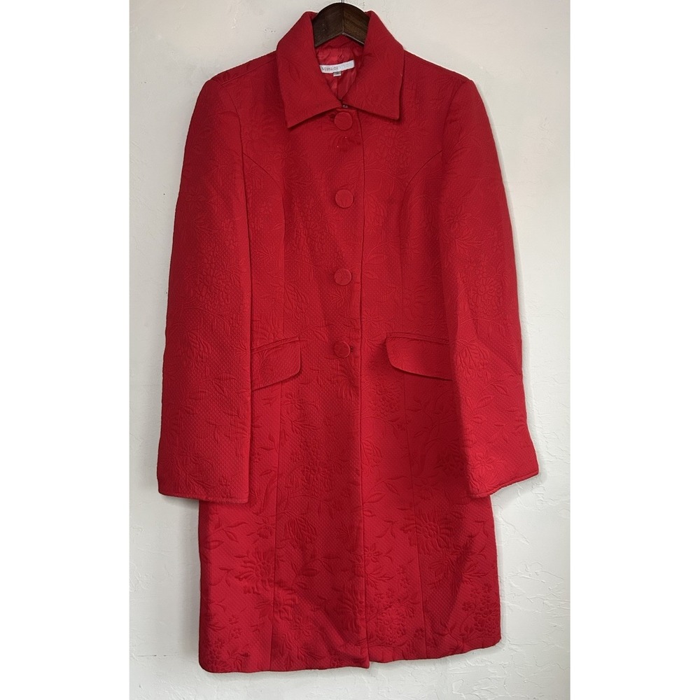 Vintage Georgiou Long Red Trench Coat 10 Floral Embossed Mod Retro Overcoat